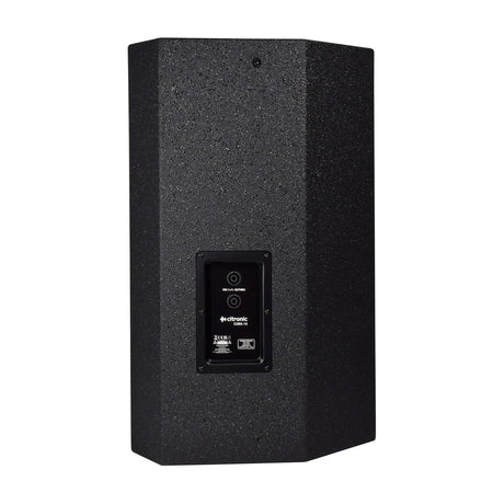 Rear view of Citronic CUBA-15 passive PA speaker cabinet in black polyurea finish, showing angled bevels and recessed panel with twin Speakon sockets.
