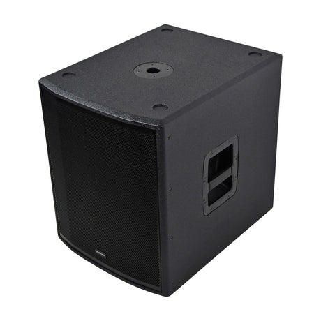 Citronic CUBA-15SA active subwoofer cabinet in textured black polyurea finish with steel grille, side carry handle and top-mounted 35mm pole socket.