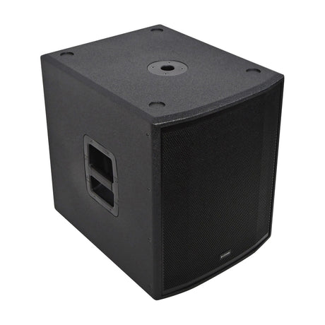 Citronic CUBA-15S 800W passive subwoofer cabinet in textured black finish with steel grille, side carry handle and top pole mount socket, on white.