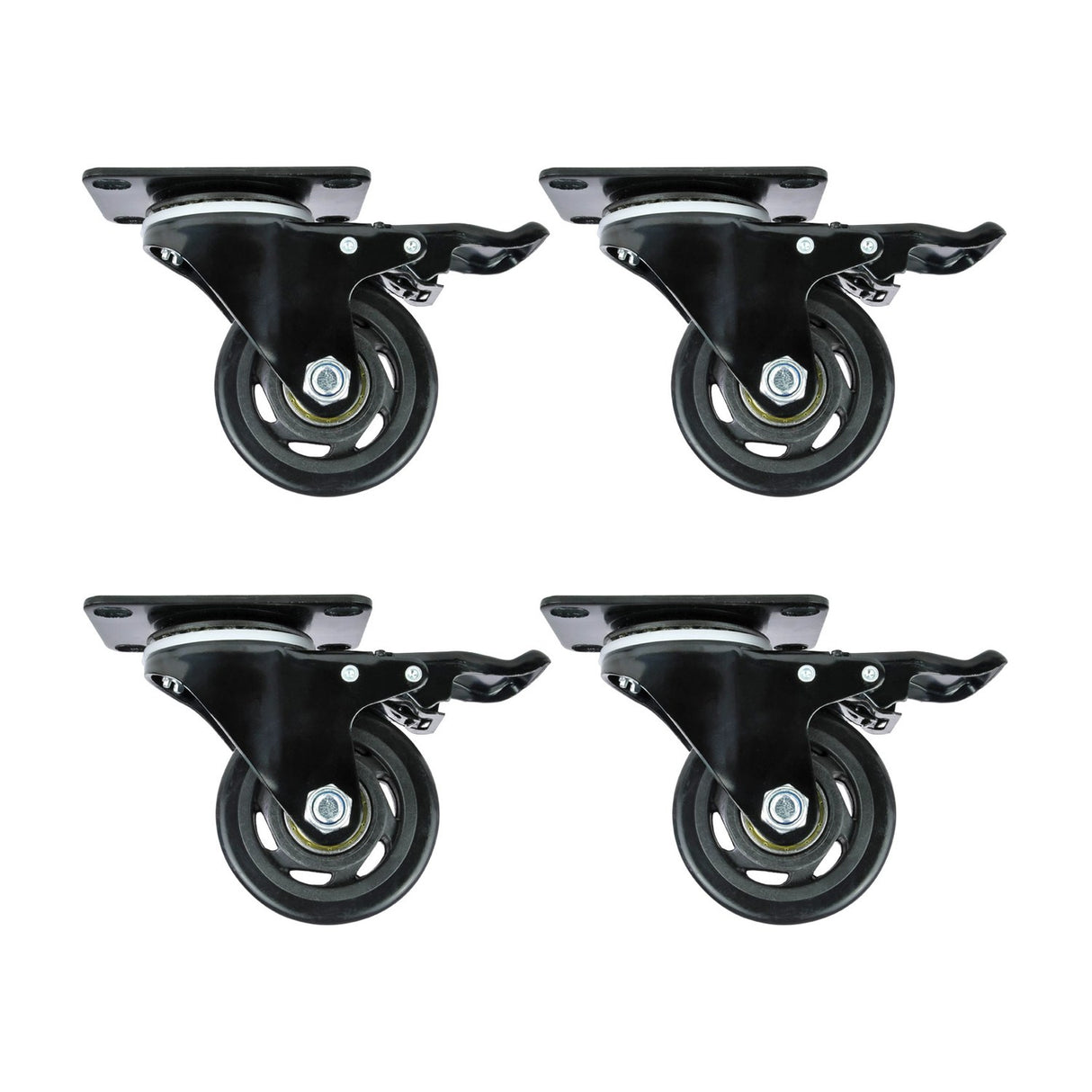 Citronic CASTORS-4 set of four 75mm heavy duty locking swivel castors with black wheels and top mounting plates, shown on a plain white background.