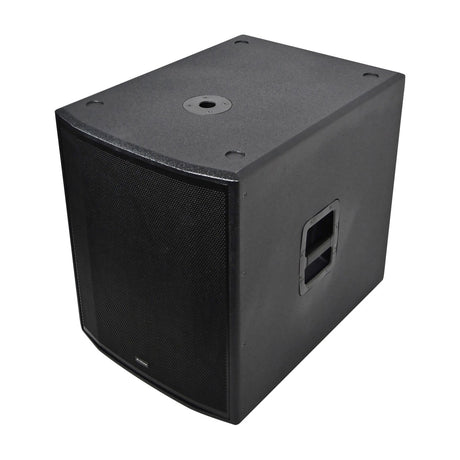 Citronic CUBA-18SA active subwoofer cabinet in black textured finish with steel grille, recessed side handle and top pole mount socket.