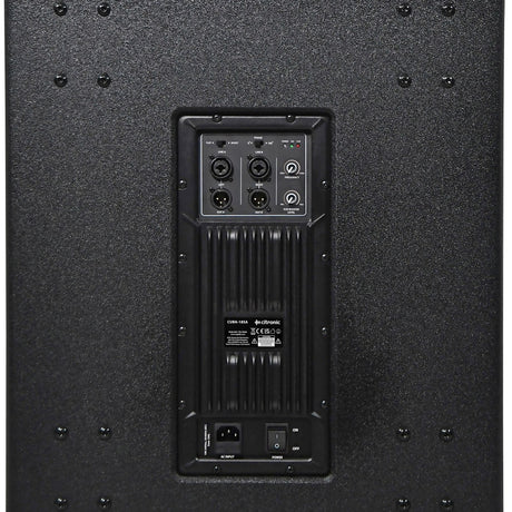 Rear panel of the Citronic CUBA-18SA active subwoofer showing XLR inputs and outputs, frequency and level controls, IEC power inlet and on/off switch.