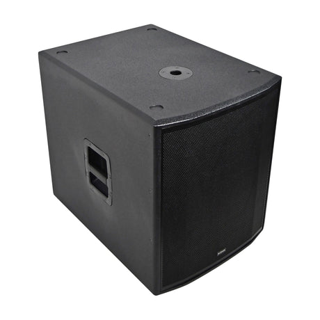 Citronic CUBA-18S 1200W passive subwoofer cabinet in matte black with steel grille, side carry handle and top pole mount socket.