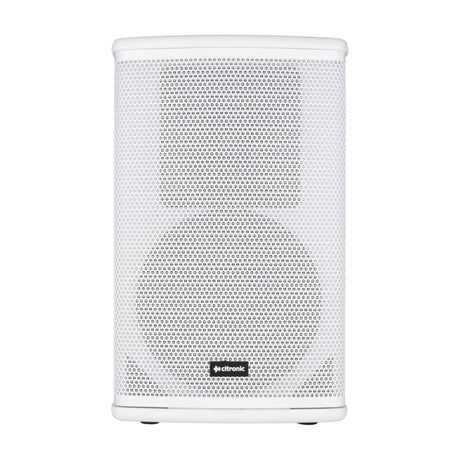 Citronic CUBA-8AW 250W active PA speaker in white with powder-coated steel grille and small front logo, shown front-on against a plain white background.