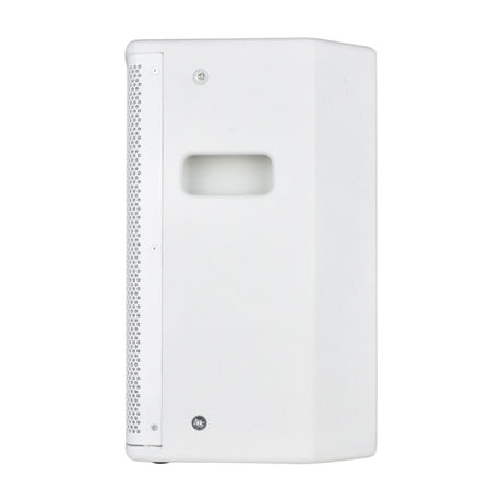 Side view of the Citronic CUBA-8AW 250W active PA speaker in white, showing the recessed carry handle and mesh grille edge on a plain background.