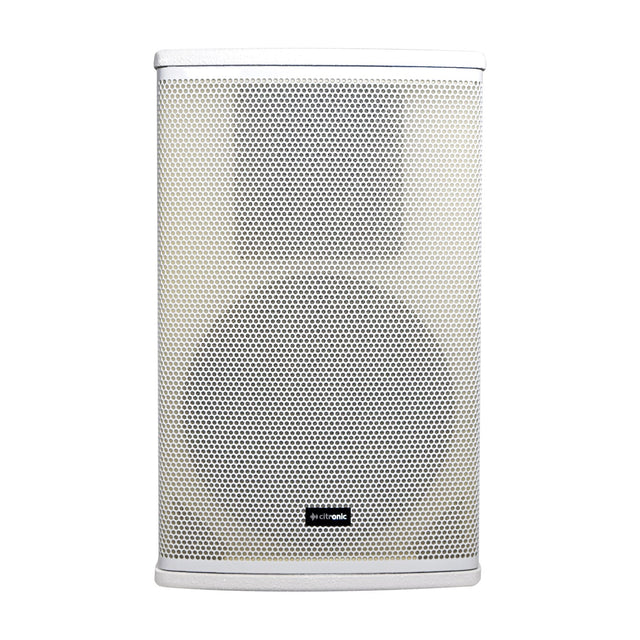 Citronic CUBA-10AW 270W active PA speaker in white with texture-coated MDF cabinet and powder-coated steel grille, front view on a plain background.