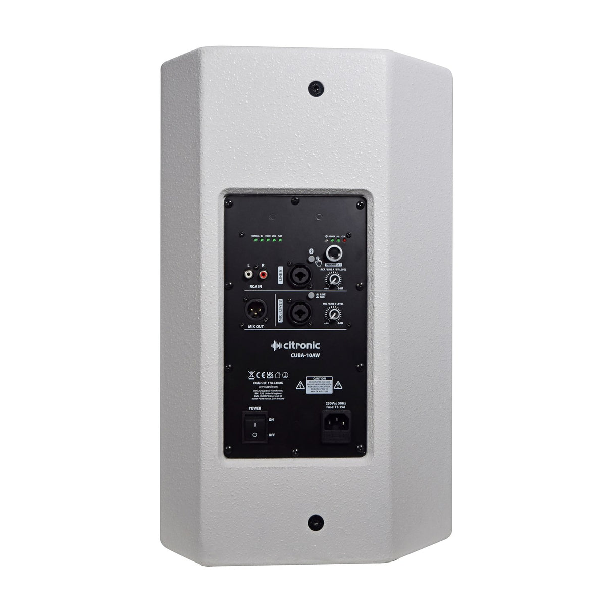 Rear view of Citronic CUBA-10AW active PA speaker in white with XLR, jack, and RCA inputs, level controls, DSP presets, IEC power inlet, and on/off switch.