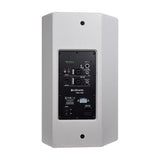 Rear view of Citronic CUBA-10AW active PA speaker in white with XLR, jack, and RCA inputs, level controls, DSP presets, IEC power inlet, and on/off switch.