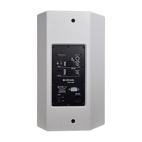 Rear view of Citronic CUBA-10AW active PA speaker in white with XLR, jack, and RCA inputs, level controls, DSP presets, IEC power inlet, and on/off switch.