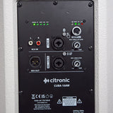Rear control panel of the Citronic CUBA-10AW active PA speaker showing DSP presets, RCA, XLR and jack inputs, level knobs and Bluetooth.
