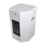 Rear angled view of Citronic CUBA-10AW active PA speaker in white with side handle, XLR, jack and RCA inputs, DSP controls and IEC power inlet.