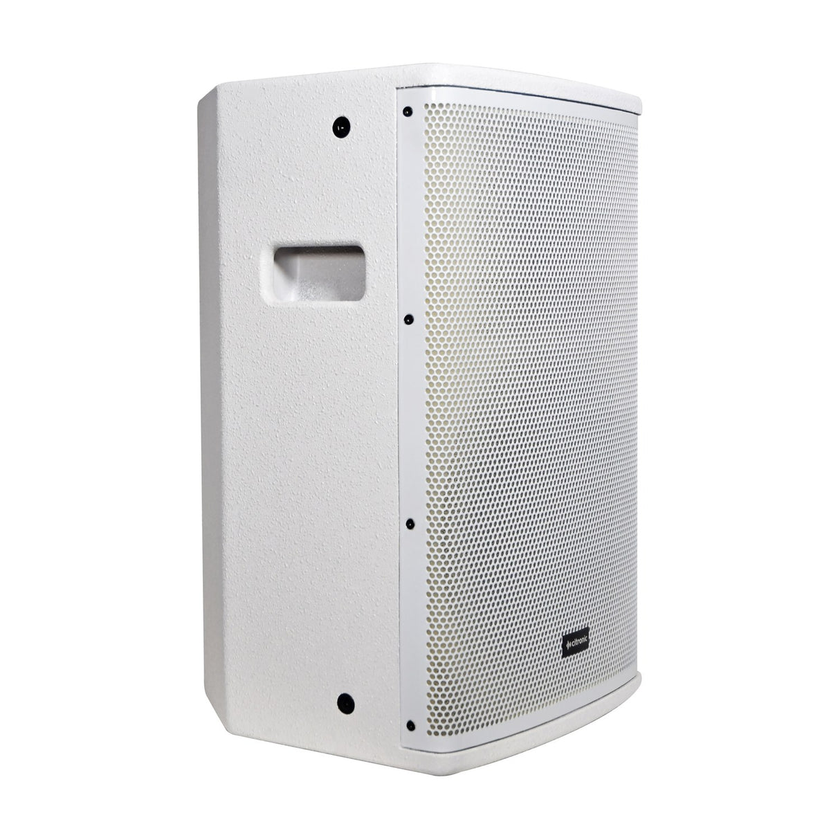 Citronic CUBA-10AW active PA speaker in white with textured MDF cabinet, powder-coated steel grille, and side carry handle on a plain background.