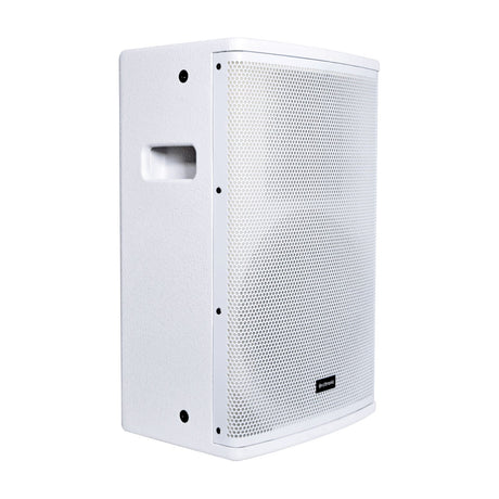 Citronic CUBA-10W passive PA speaker cabinet in white, side angle view showing perforated steel grille, side handle, and mounting points on a plain background.