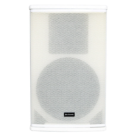 The Citronic CUBA-10W 10" 540W Passive Full-Range Cabinet Speaker in white showcases a minimalist design with a perforated grille, accented by a black hexagonal logo near the bottom center. This rectangular electronic speaker features both large and small circular components, along with a high power-handling driver that enhances its superior sound reinforcement capabilities.