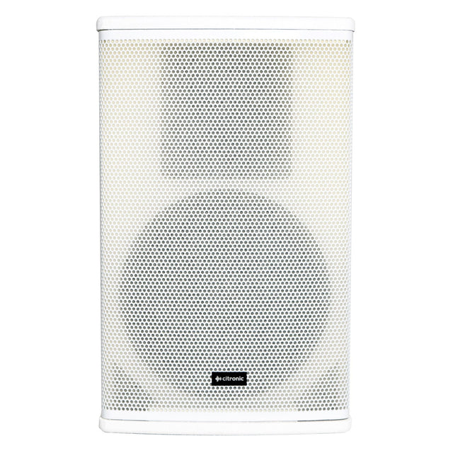 The Citronic CUBA-10W 10" 540W Passive Full-Range Cabinet Speaker in white showcases a minimalist design with a perforated grille, accented by a black hexagonal logo near the bottom center. This rectangular electronic speaker features both large and small circular components, along with a high power-handling driver that enhances its superior sound reinforcement capabilities.