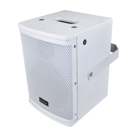 Citronic CUBA-6AW active PA speaker cabinet in white with mesh grille, top carry handle and side mounting bracket, shown on a plain background.