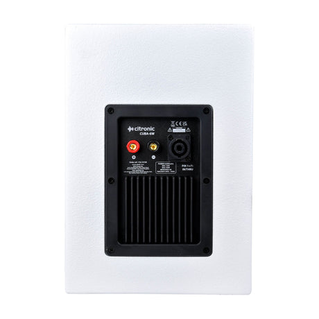 Rear view of Citronic CUBA-6W white passive PA speaker showing Speakon socket, 4mm binding posts and specification label on a recessed black panel.