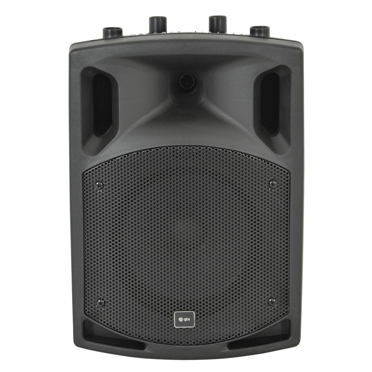 The QTX QX8BT 8" 200W Active Speaker in black boasts a sleek design with a prominent front grille and three control knobs on its top. Its built-in amplifier and Bluetooth connectivity, coupled with a rectangular shape featuring rounded edges, make it stand out beautifully against a white background.