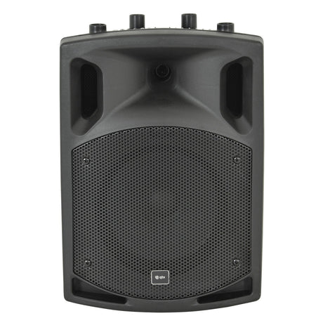 The QTX QX8BT 8" 200W Active Speaker in black boasts a sleek design with a prominent front grille and three control knobs on its top. Its built-in amplifier and Bluetooth connectivity, coupled with a rectangular shape featuring rounded edges, make it stand out beautifully against a white background.