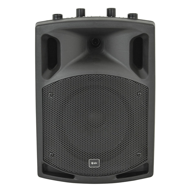 The QTX QX8BT 8" 200W Active Speaker in black boasts a sleek design with a prominent front grille and three control knobs on its top. Its built-in amplifier and Bluetooth connectivity, coupled with a rectangular shape featuring rounded edges, make it stand out beautifully against a white background.