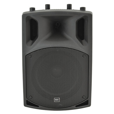 The QTX QX10BT 10" 300W Active Speaker in black showcases a sleek, modern design with a large front grille and control knobs on top. Equipped with Bluetooth connectivity and a built-in amplifier, it's ideal for various audio amplification needs.