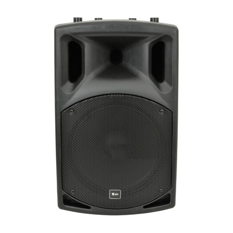 QTX QX12A active moulded PA speaker cabinet in black ABS with mesh grille, horn ports and top-mounted mixer controls on a white background.