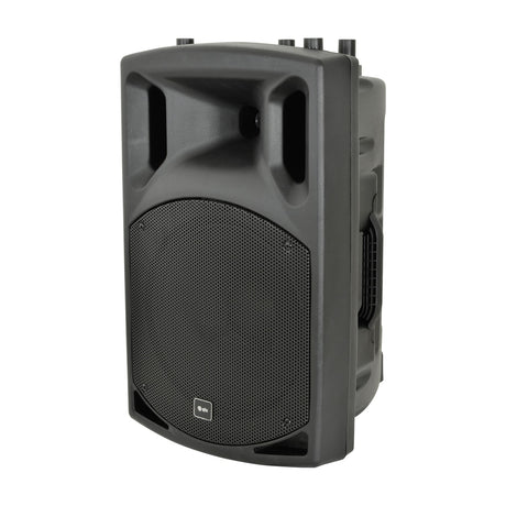 QTX QX12A active moulded PA speaker cabinet in black ABS with mesh grille, integral side handle, top-mounted controls, shown at an angle on a white background.