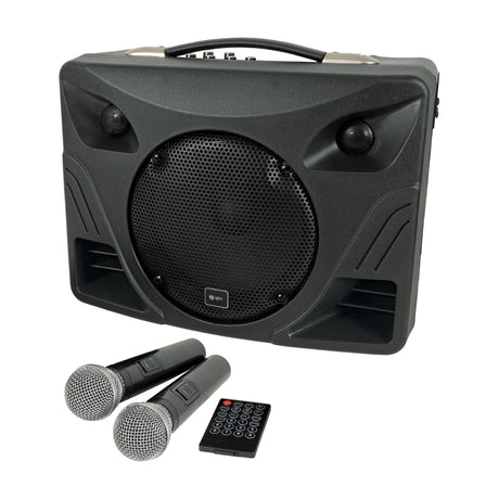 QTX DELTA-50 portable PA speaker in black moulded polypropylene with woofer, twin tweeters, top handle, two wireless microphones and remote control.
