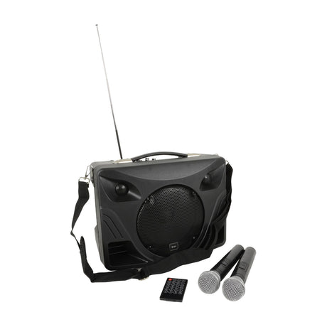 QTX DELTA-50 portable PA system by AVSL with extended antenna, shoulder strap, two VHF handheld microphones and remote control on a white background.