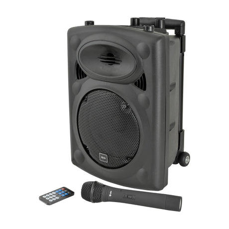 QTX QR8PA portable PA speaker in black with retractable trolley handle, rear wheels, UHF handheld microphone and remote control on a white background.