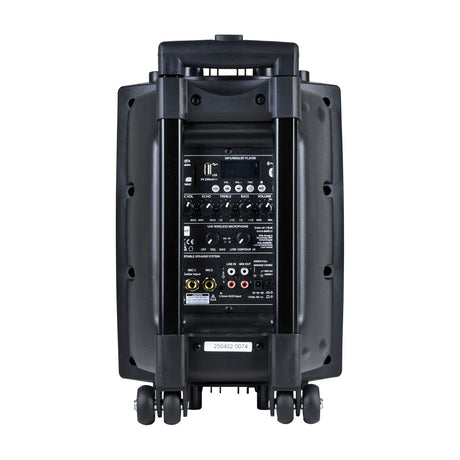 Rear view of the QTX QR8PA portable PA speaker by AVSL, showing the mixer panel with control knobs, USB/SD media player, mic and RCA inputs, and wheels.