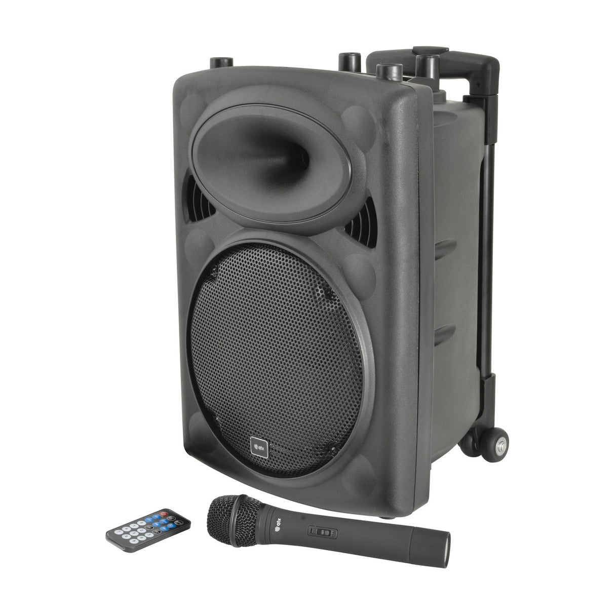 QTX QR10PA portable PA speaker in black with horn tweeter, woofer grille, trolley handle and wheels, shown with wireless UHF handheld microphone and remote.