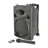 QTX QR10PA portable PA speaker in black with horn tweeter, woofer grille, trolley handle and wheels, shown with wireless UHF handheld microphone and remote.