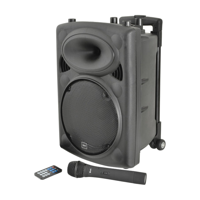 QTX QR10PA portable PA speaker in black with horn tweeter, woofer grille, trolley handle and wheels, shown with wireless UHF handheld microphone and remote.