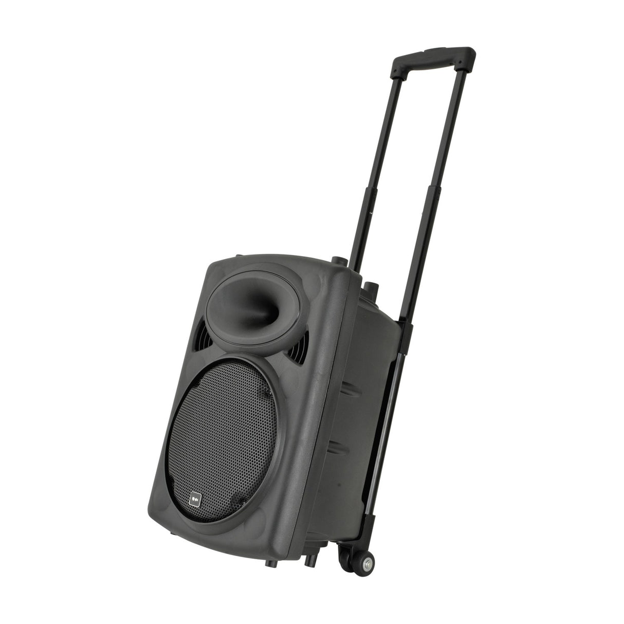 QTX QR10PA portable PA speaker with mesh woofer grille, horn tweeter, extended retractable trolley handle and rear wheels, shown on a white background.
