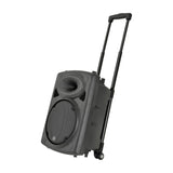 QTX QR10PA portable PA speaker with mesh woofer grille, horn tweeter, extended retractable trolley handle and rear wheels, shown on a white background.