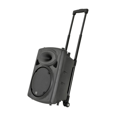 QTX QR10PA portable PA speaker with mesh woofer grille, horn tweeter, extended retractable trolley handle and rear wheels, shown on a white background.