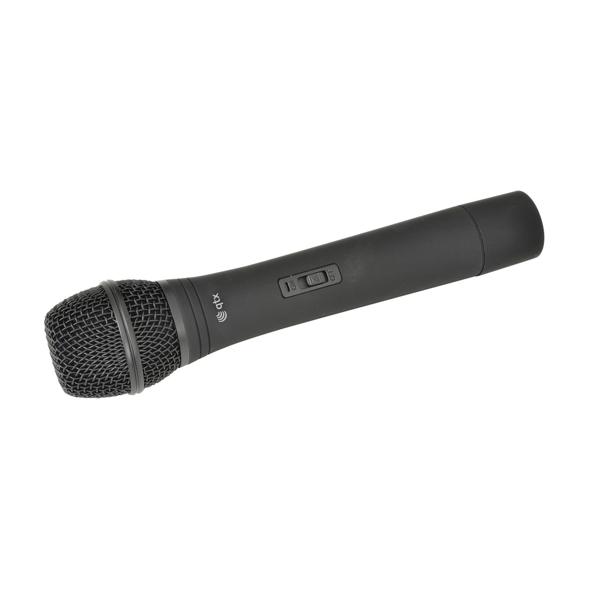 QTX QR10PA UHF handheld wireless microphone in matte black with mesh grille and on/off slide switch, shown on a plain white background.