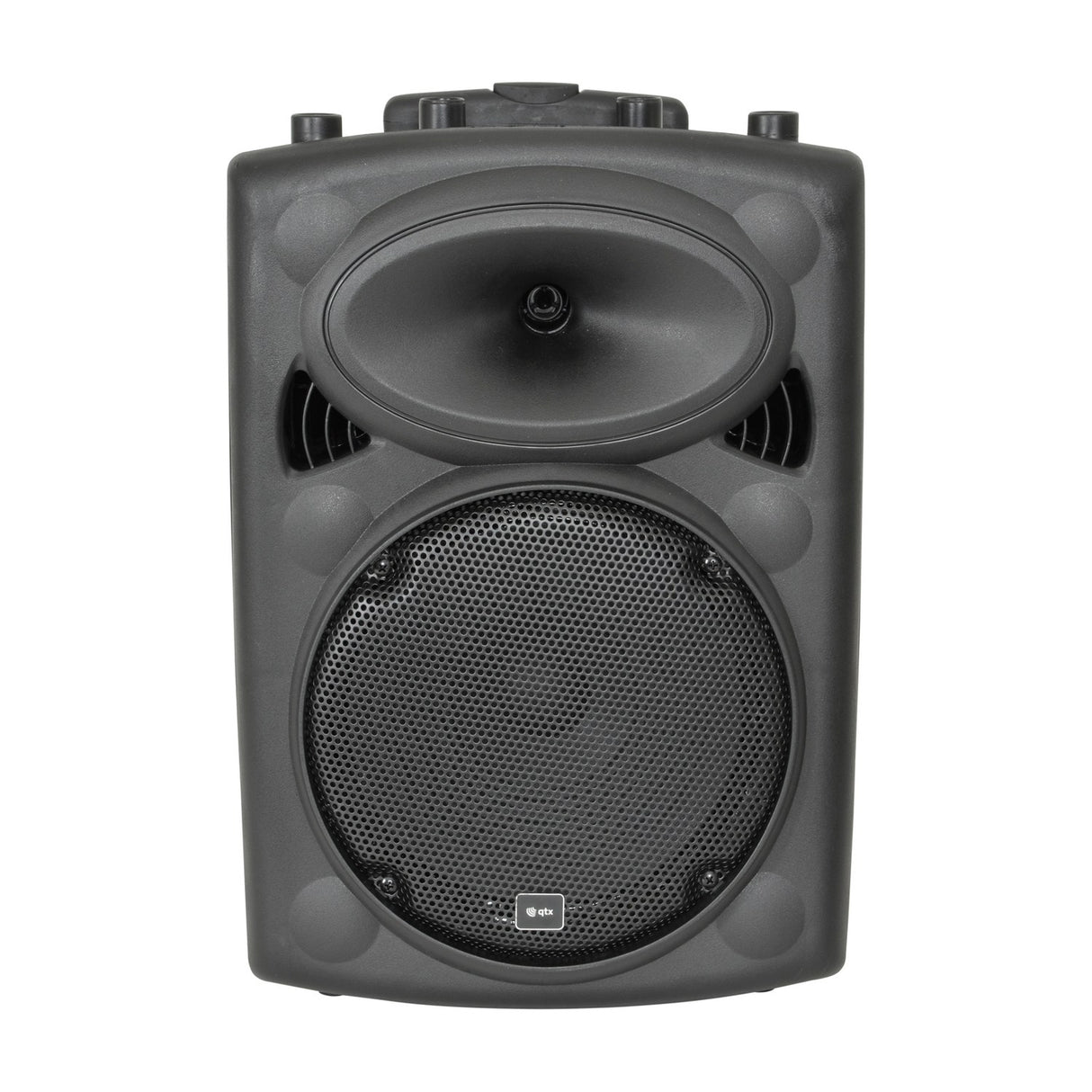 QTX QR10PA portable PA speaker front view showing horn tweeter above a mesh-grilled woofer in a black moulded cabinet on a white background.