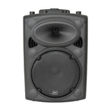 QTX QR10PA portable PA speaker front view showing horn tweeter above a mesh-grilled woofer in a black moulded cabinet on a white background.