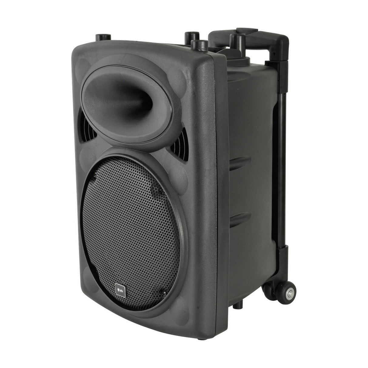 QTX QR10PA portable PA speaker in black with mesh grille, horn tweeter, retractable trolley handle and rear wheels, shown on a plain white background.