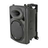 QTX QR10PA portable PA speaker in black with mesh grille, horn tweeter, retractable trolley handle and rear wheels, shown on a plain white background.