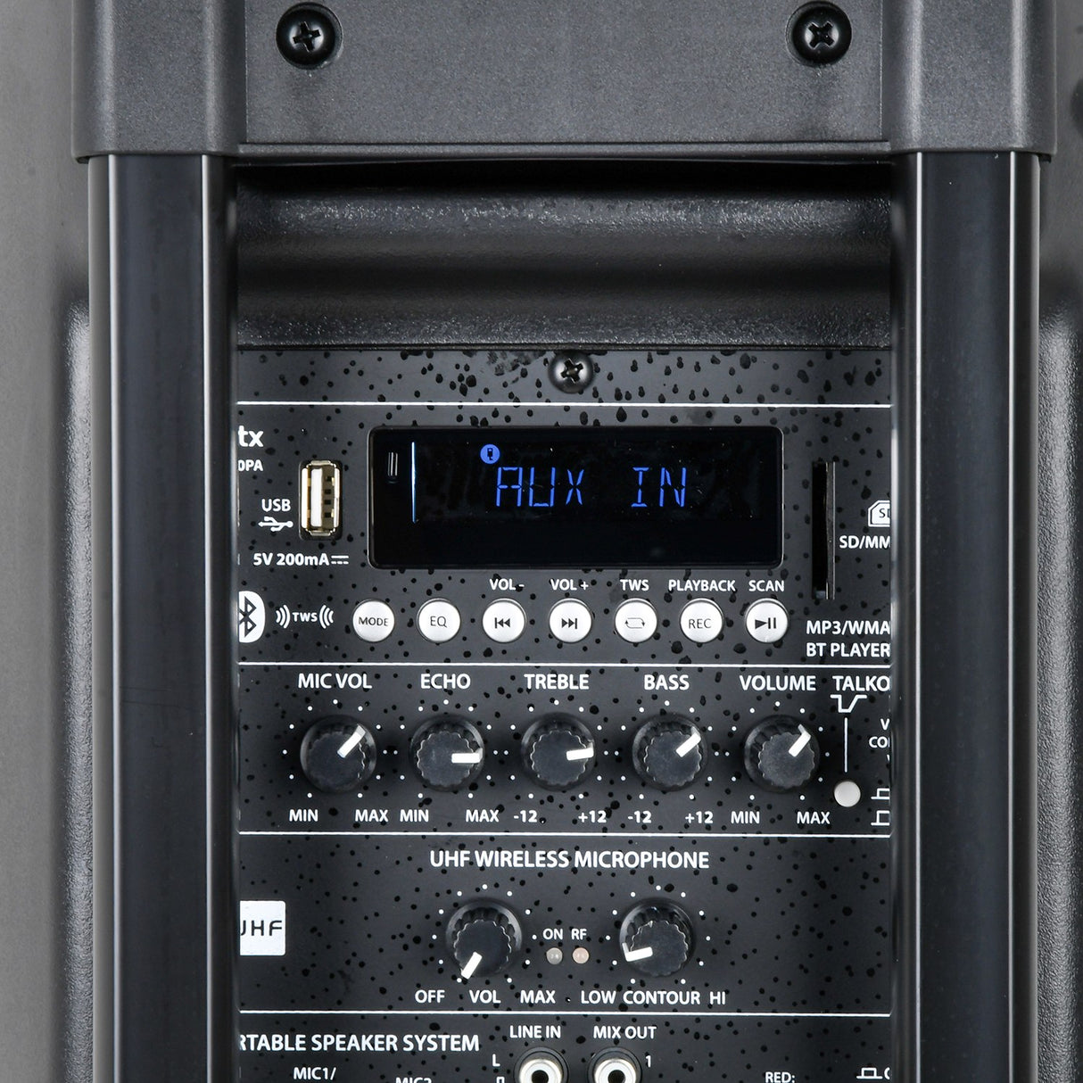 Close-up of the QTX QR10PA portable PA speaker control panel showing AUX IN display, USB port, SD slot, mode buttons and EQ knobs.
