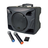 QTX DELTA-200 portable PA system in black moulded casing with 12 inch woofer, top handle, two wireless handheld microphones and remote control.