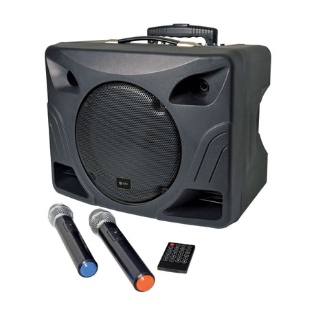 QTX DELTA-200 portable PA system in black moulded casing with 12 inch woofer, top handle, two wireless handheld microphones and remote control.