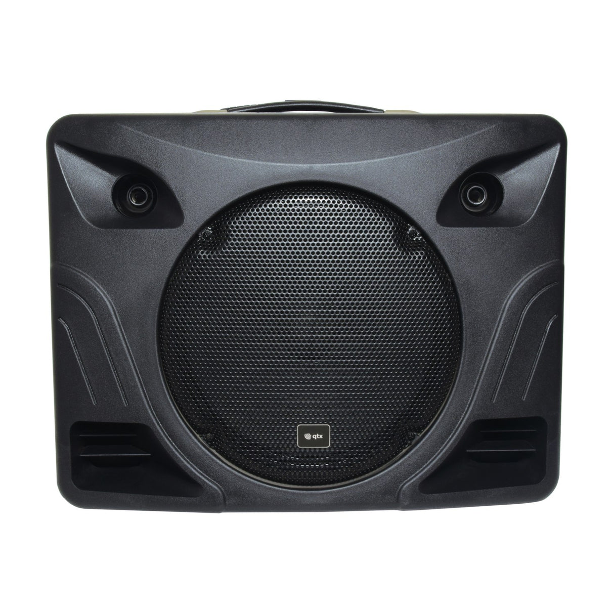 QTX DELTA-200 portable PA system with black polypropylene enclosure, 12 inch woofer grille, dual dome tweeters and top handle, on a white background.