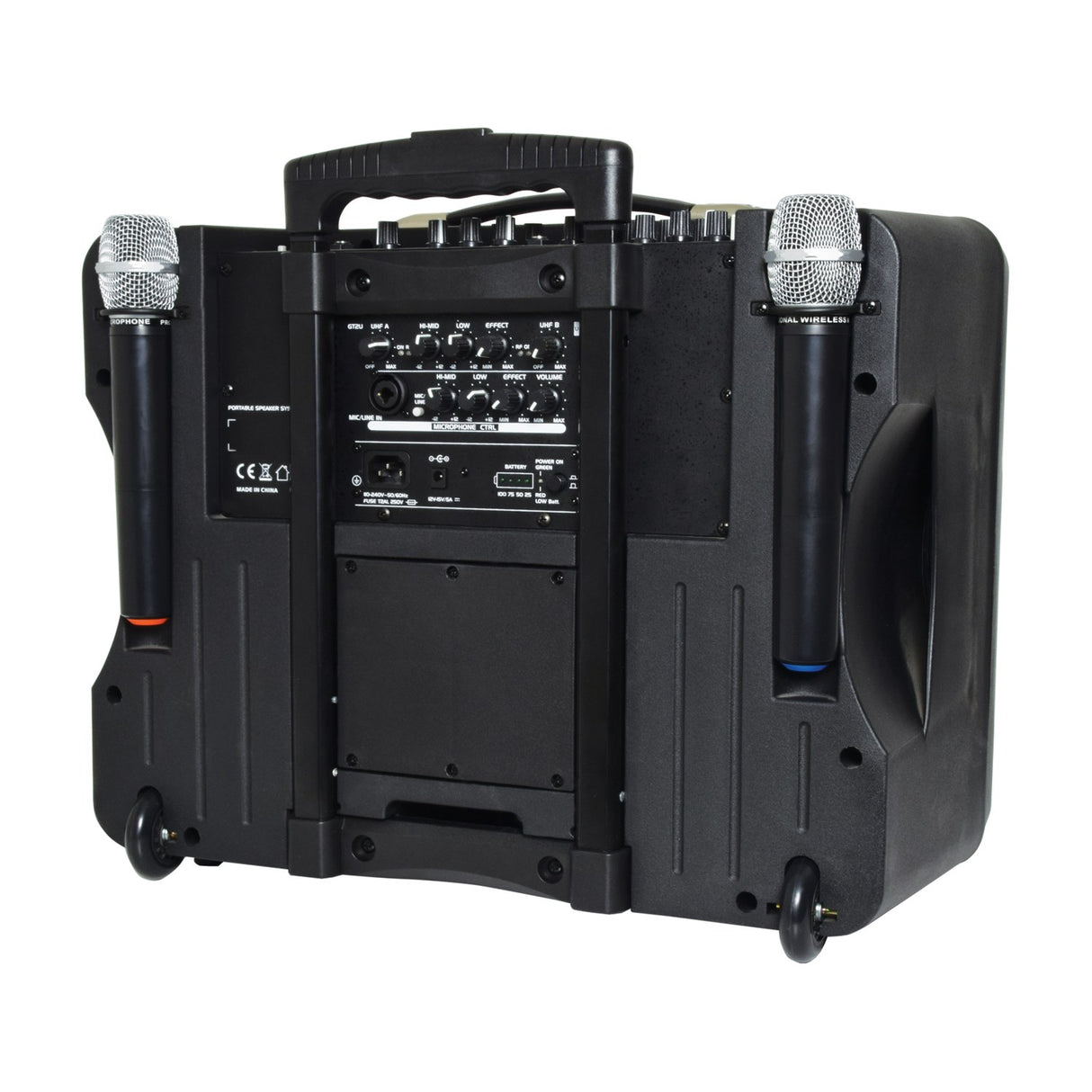 Rear view of the QTX DELTA-200 portable PA system by AVSL with two wireless handheld microphones in side holsters, control panel, wheels, and trolley handle.