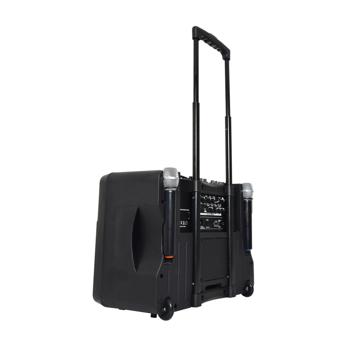 QTX DELTA-200 portable PA system by AVSL shown from the rear with extended trolley handle, two wireless microphones in holsters, and control panel.