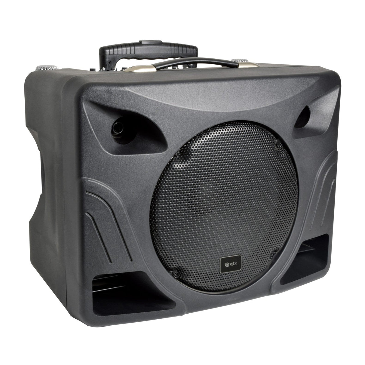 The QTX DELTA-200 Performance Portable PA Unit is a black portable PA system featuring a prominent front-facing grill, two lower slotted vents, and a convenient top handle. Its angular design is accentuated by gentle curves and discreet branding near the center of the grill. Additionally, it includes a Bluetooth receiver for seamless connectivity.