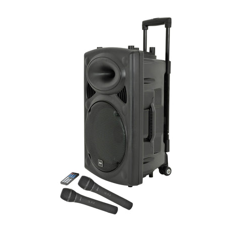 QTX QR12PA portable PA speaker with retractable trolley handle, wheels, horn tweeter and mesh-grilled woofer, shown with two UHF handheld mics and remote.